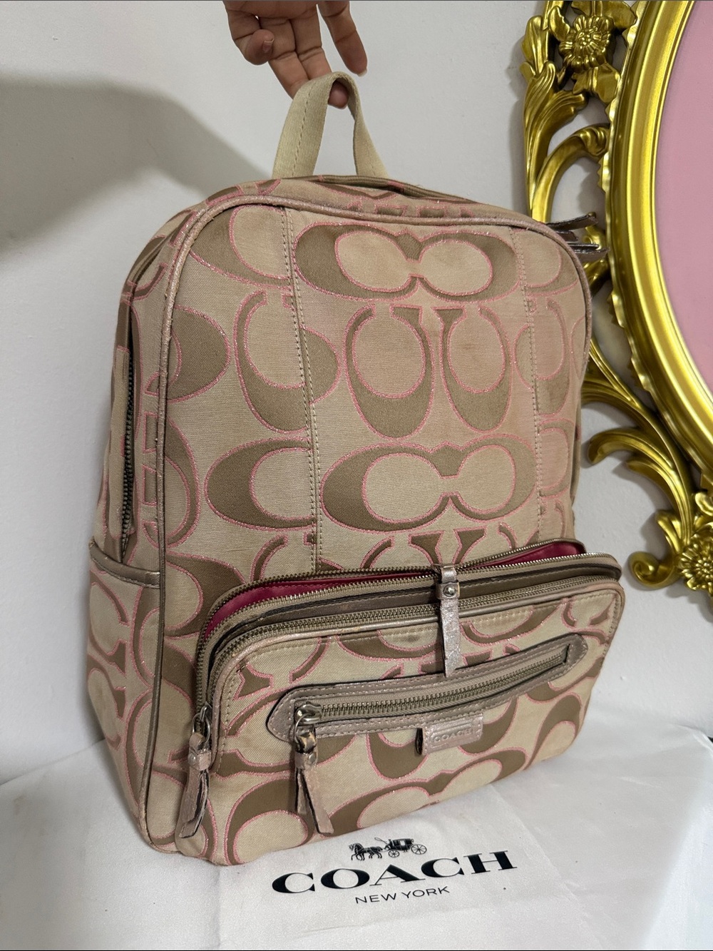 Coach Beige Canvas Backpack with Pink Accents